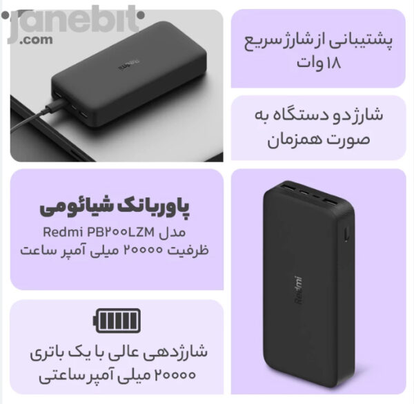 پاور بانک فست شارژ Redmi ظرفیت 20000mAh /18w